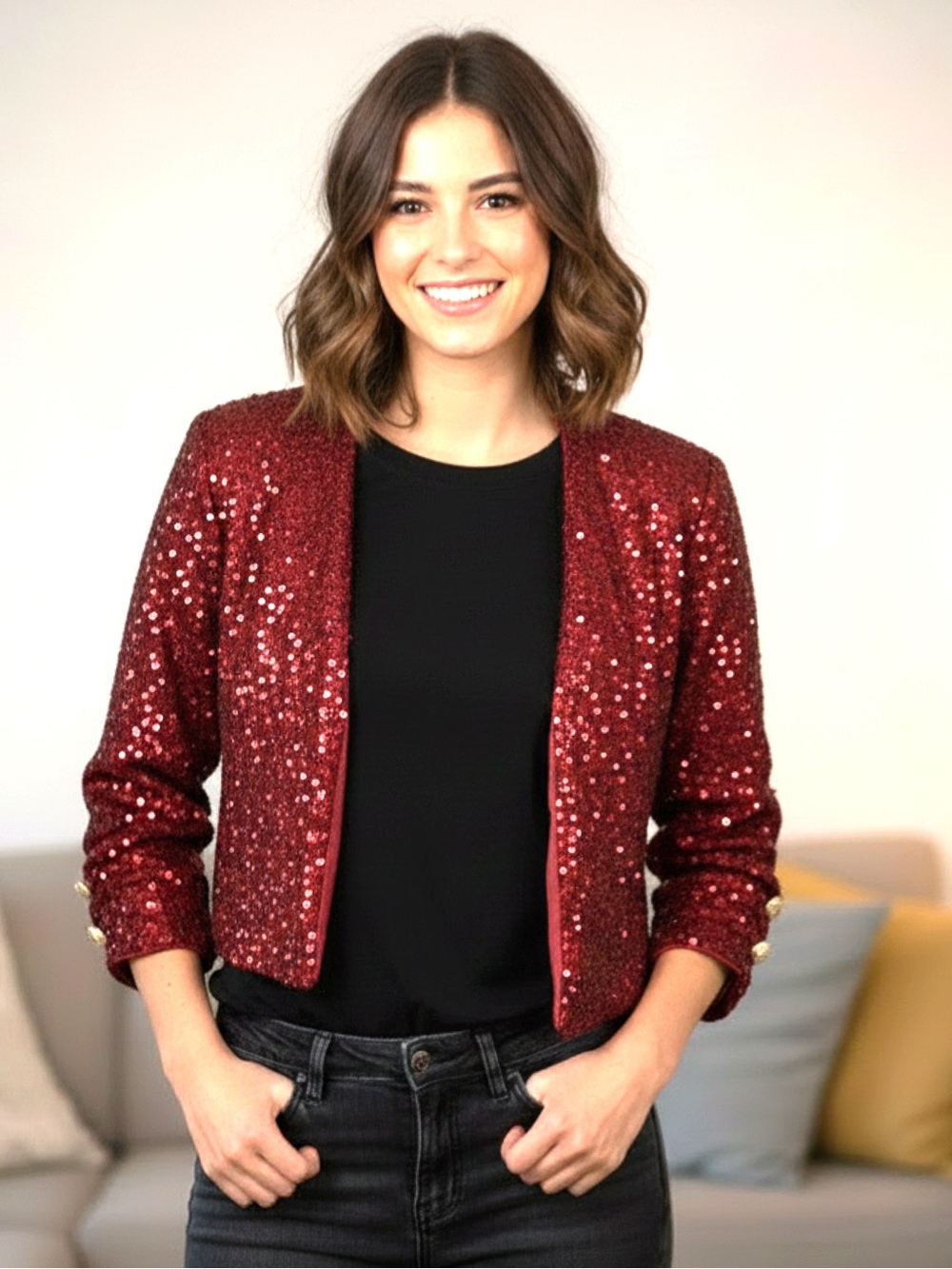 SHEIN Essence Burgundy Sequin Crop Jacket/Shrug NWOT 22"p2p, 18"length